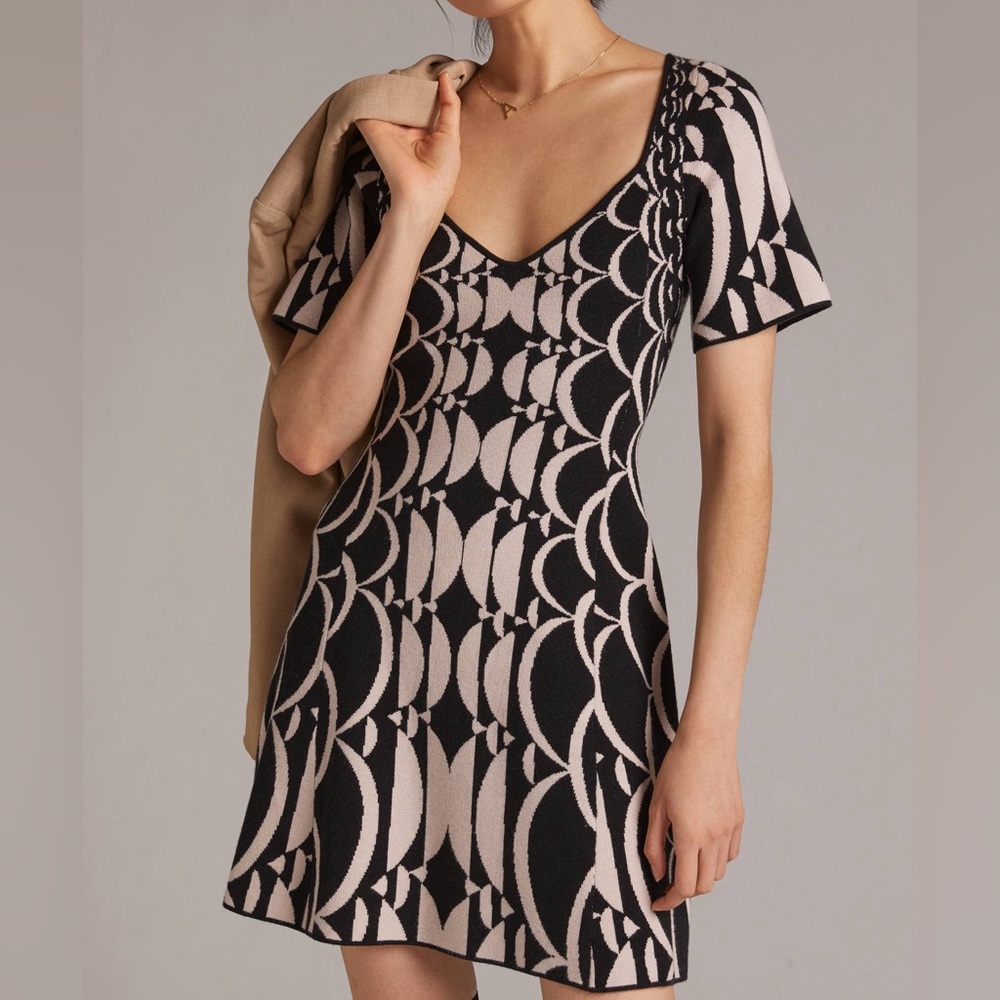 Anthropologie Black and Cream Knit Pattern Dress Top